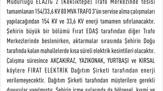 Elazığ'da Elektrik Kesintisi Uyarısı
