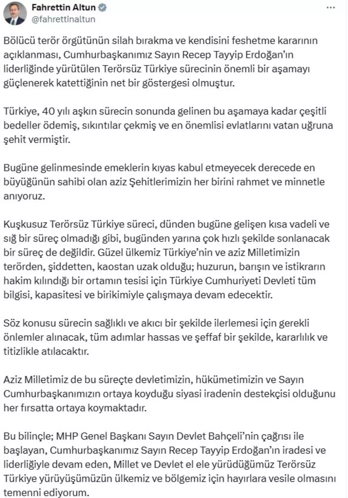 İletişim Başkanı Fahrettin Altun: 'Terörsüz Türkiye süreci önemli bir aşamayı güçlenerek katetti'
