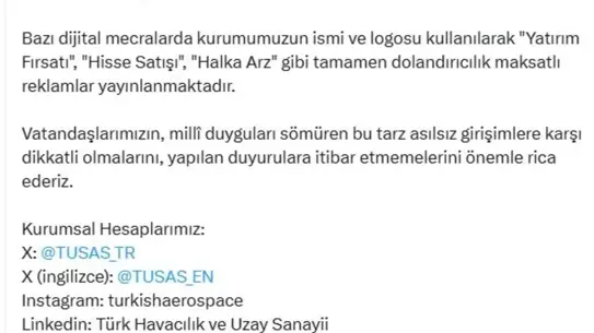 TUSAŞ'tan Dolandırıcılık Uyarısı