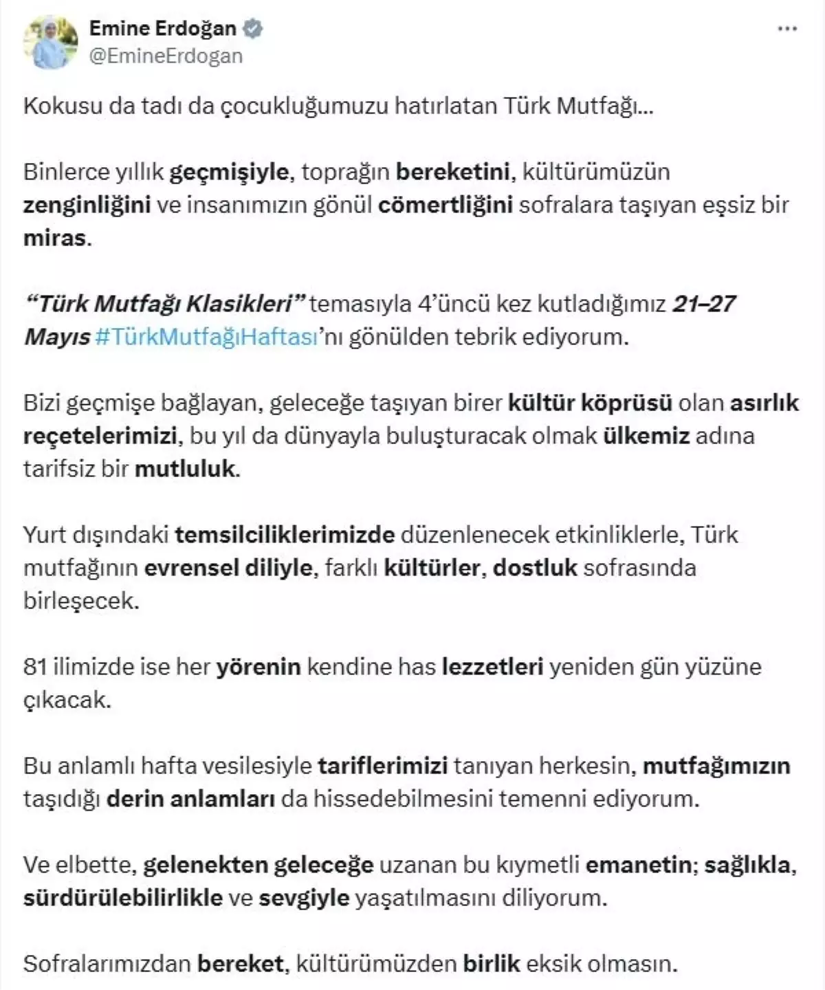 Emine Erdoğan'dan Türk Mutfağı Haftası mesajı