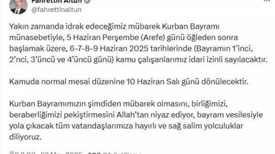 Kamu Çalışanlarına Kurban Bayramı İzni