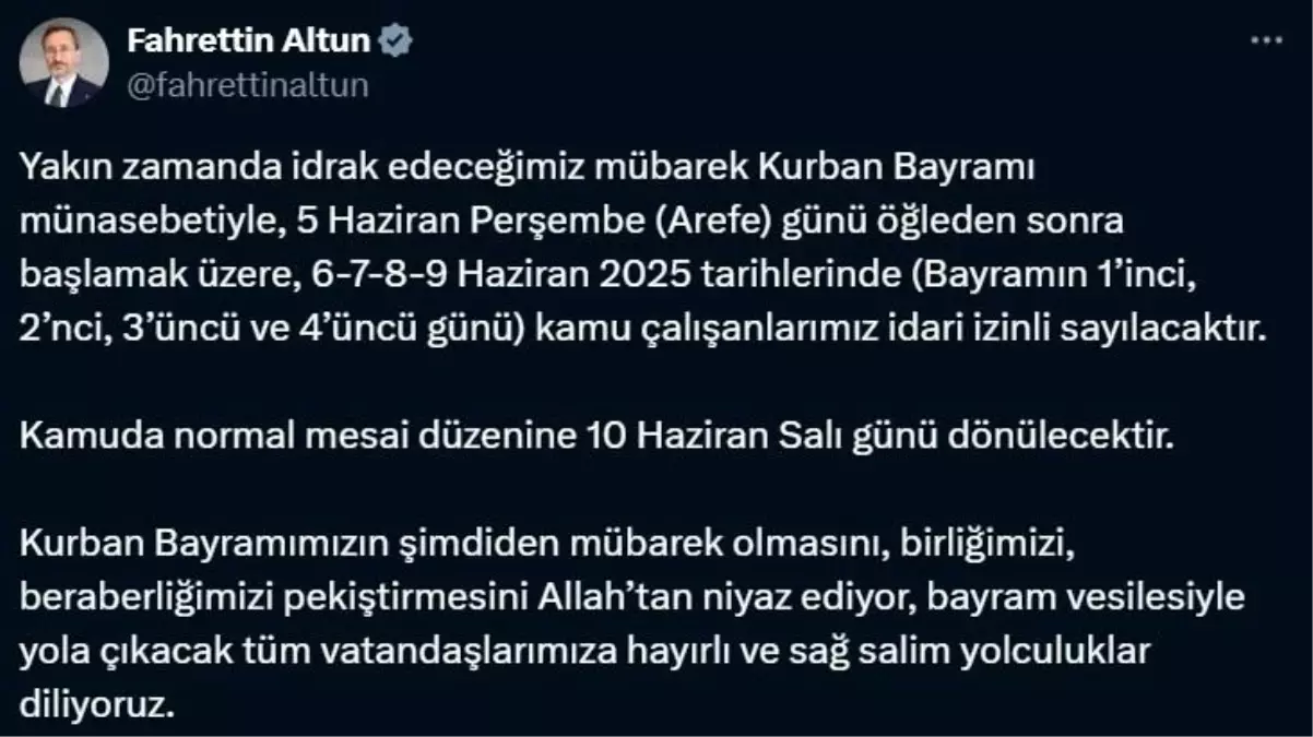 Kamu Çalışanlarına Kurban Bayramı İzni