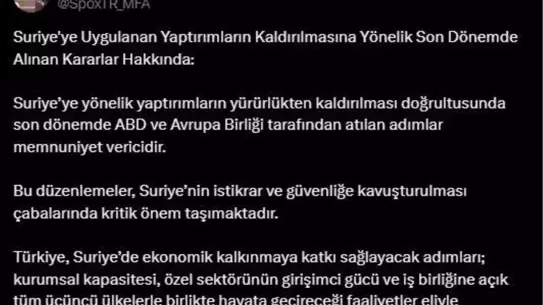 Suriye Yaptırımlarının Kaldırılmasına Destek