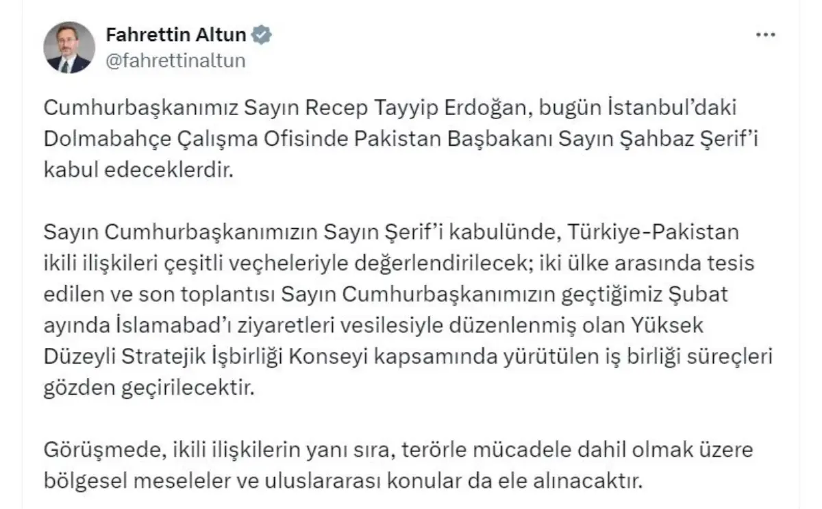 Cumhurbaşkanı Erdoğan, Pakistan Başbakanı Şahbaz Şerif'i Dolmabahçe'de kabul edecek