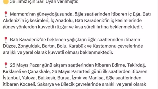 38 İl İçin Sarı Uyarı