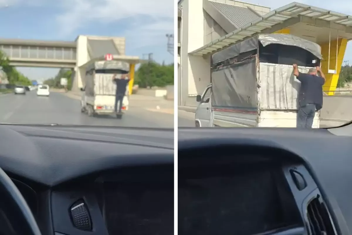 Kamyonetin kasasına tutunarak seyahat etti