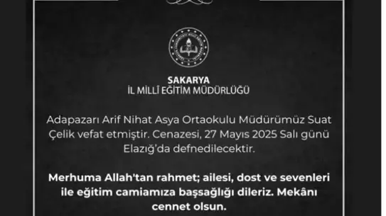 Okul Müdürü Suat Çelik Hayatını Kaybetti