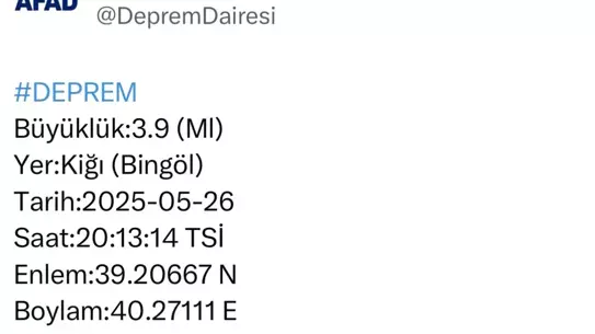 Bingöl'de 3.9 Büyüklüğünde Deprem