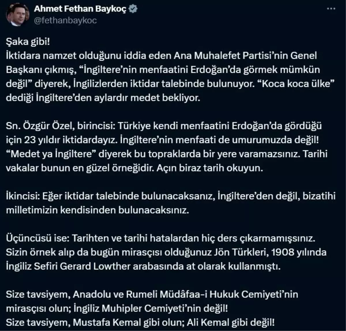 Baykoç'tan Özgür Özel'e Tepki