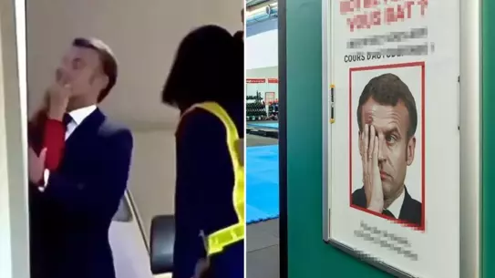 Eşinden tokat yiyen Macron rezil oldu! Asılan afiş bomba