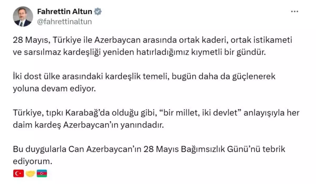 Altun'dan Azerbaycan'a Bağımsızlık Günü Tebriği