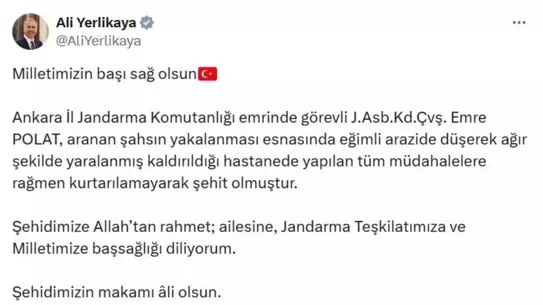 Ankara'da arama sırasında düşen Jandarma Astsubay şehit oldu
