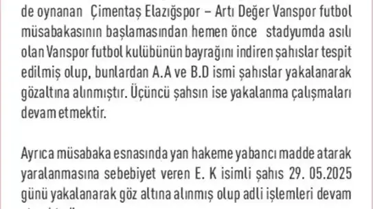 Elazığ'da Stadyum Olayları: 3 Kişi Gözaltında
