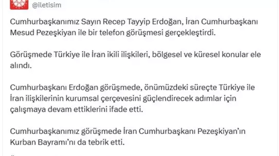 Erdoğan, İran Cumhurbaşkanı Pezeşkiyan ile telefon görüşmesi yaptı