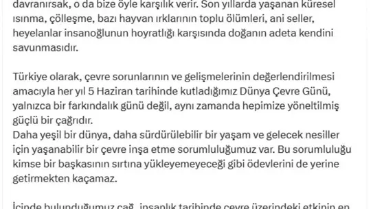 Cumhurbaşkanı Erdoğan'dan Dünya Çevre Günü mesajı: 'Daha yeşil bir dünya için sorumluluklarımız var'